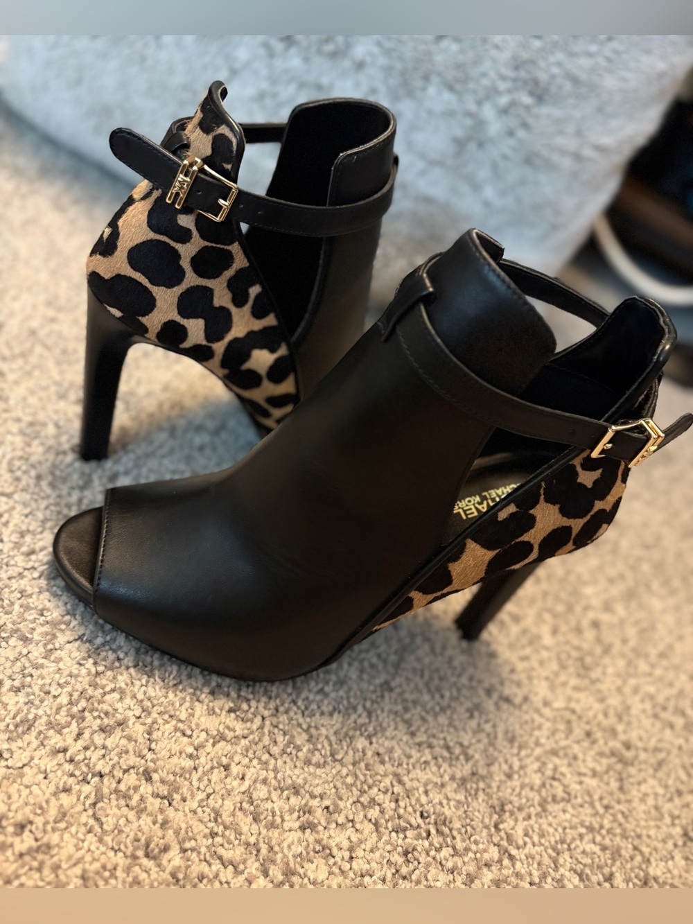 Michael Kors Leopard Cow Hair Leather Peep Toe Ankle Booties — Size 7M
